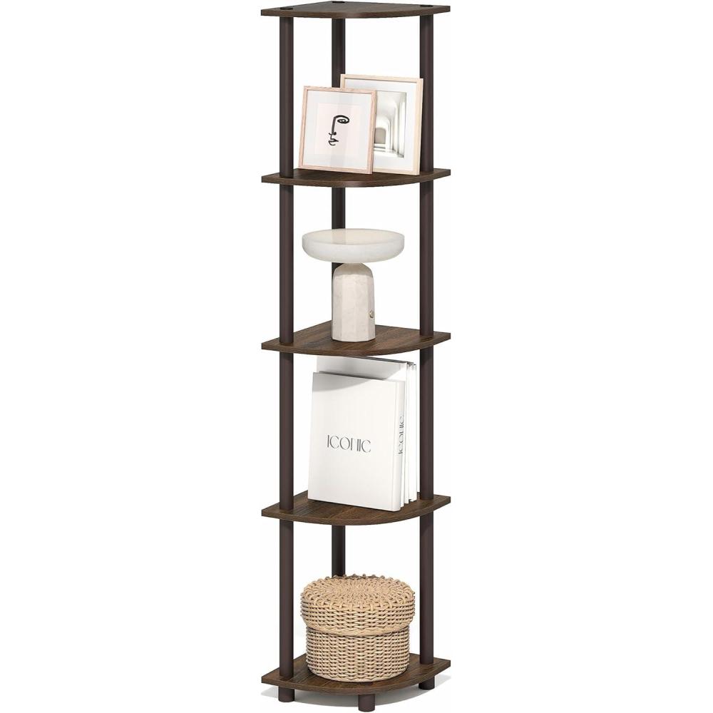 imageFurinno TURNNTUBE Corner Shelf 5Tier Corner Bookshelf Open Storage Shelves for Organization and Storage Living Room Home Office Garage Bedroom BlackBlack WalnutBrown