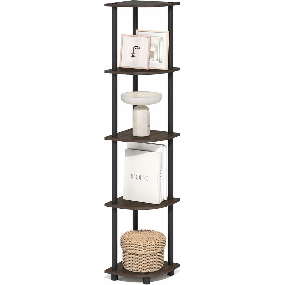 imageFurinno TURNNTUBE Corner Shelf 5Tier Corner Bookshelf Open Storage Shelves for Organization and Storage Living Room Home Office Garage Bedroom BlackBrown GrainBlack