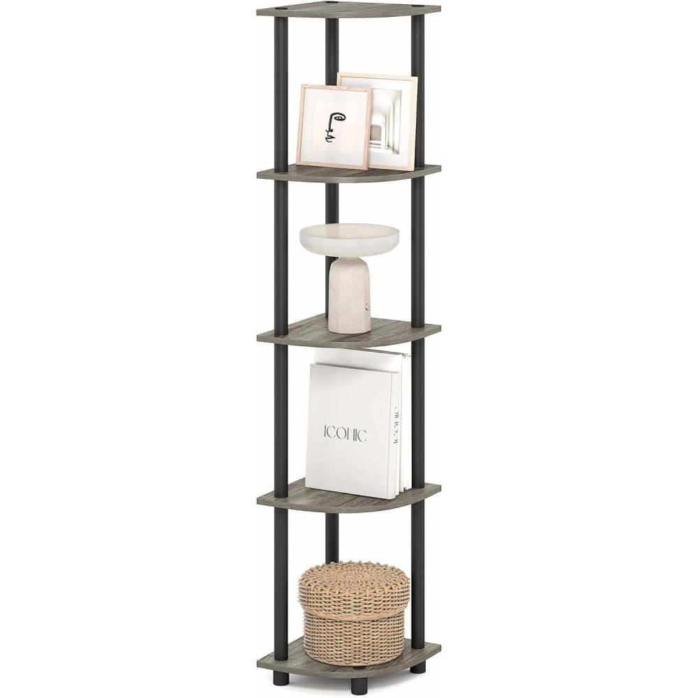 imageFurinno TURNNTUBE Corner Shelf 5Tier Corner Bookshelf Open Storage Shelves for Organization and Storage Living Room Home Office Garage Bedroom BlackGrey OakBlack