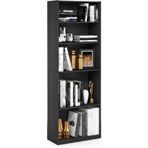 Furinno JAYA Book Shelf, 5-Tier Bookshelf, Bookcase with Adjustable Shelves, 9.5″ x 24.5″ x 71.2″, for Organization and Storage, for Living Room, Bedroom, Home Office, Amber Pine(Black)