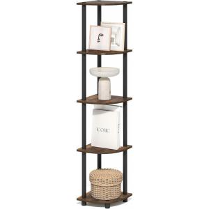 Furinno TURN-N-TUBE Corner Shelf, 5-Tier Corner Bookshelf, Open Storage Shelves, for Organization and Storage, Living Room, Home Office, Garage, Bedroom, Black(Amber Oak/Black)