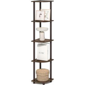 Furinno TURN-N-TUBE Corner Shelf, 5-Tier Corner Bookshelf, Open Storage Shelves, for Organization and Storage, Living Room, Home Office, Garage, Bedroom, Black(Black Walnut/Brown)