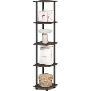 Furinno TURN-N-TUBE Corner Shelf, 5-Tier Corner Bookshelf, Open Storage Shelves, for Organization and Storage, Living Room, Home Office, Garage, Bedroom, Black(Brown Grain/Black)