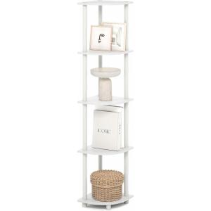 Furinno TURN-N-TUBE Corner Shelf, 5-Tier Corner Bookshelf, Open Storage Shelves, for Organization and Storage, Living Room, Home Office, Garage, Bedroom, Black(Plain White)