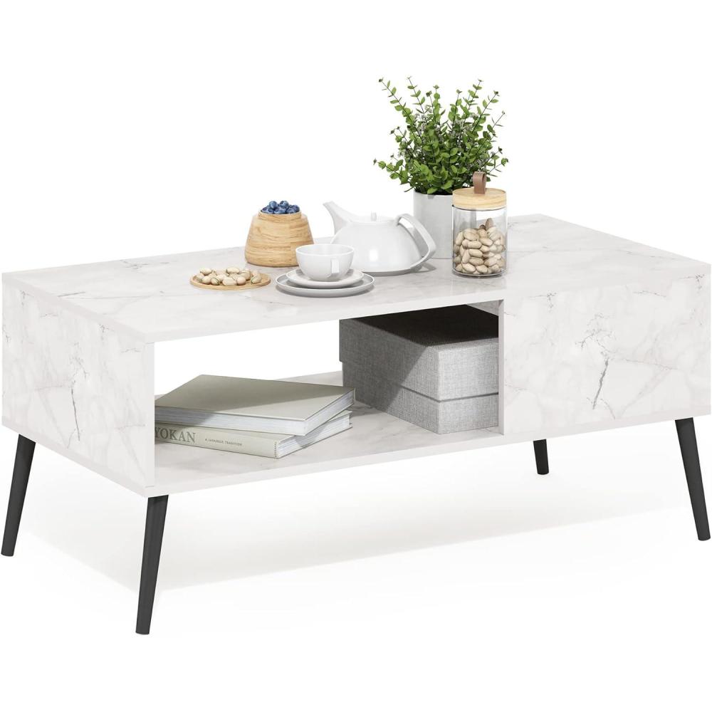 imageFurinno Claude Side Table 2Tier Square MidCentury End Table with Wooden Legs Open Shelf Night Stand Bedside Table for Living Room Bedroom EspressoMarble White