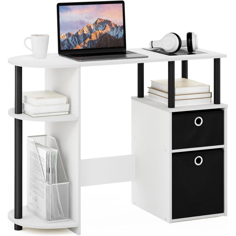 imageFurinno Jaya Desk 384 Wide Gaming Desk with Bin Drawers Computer Desk with Side Shelf Office Desk for Study Home Office Bedroom Dorm Study Room White
