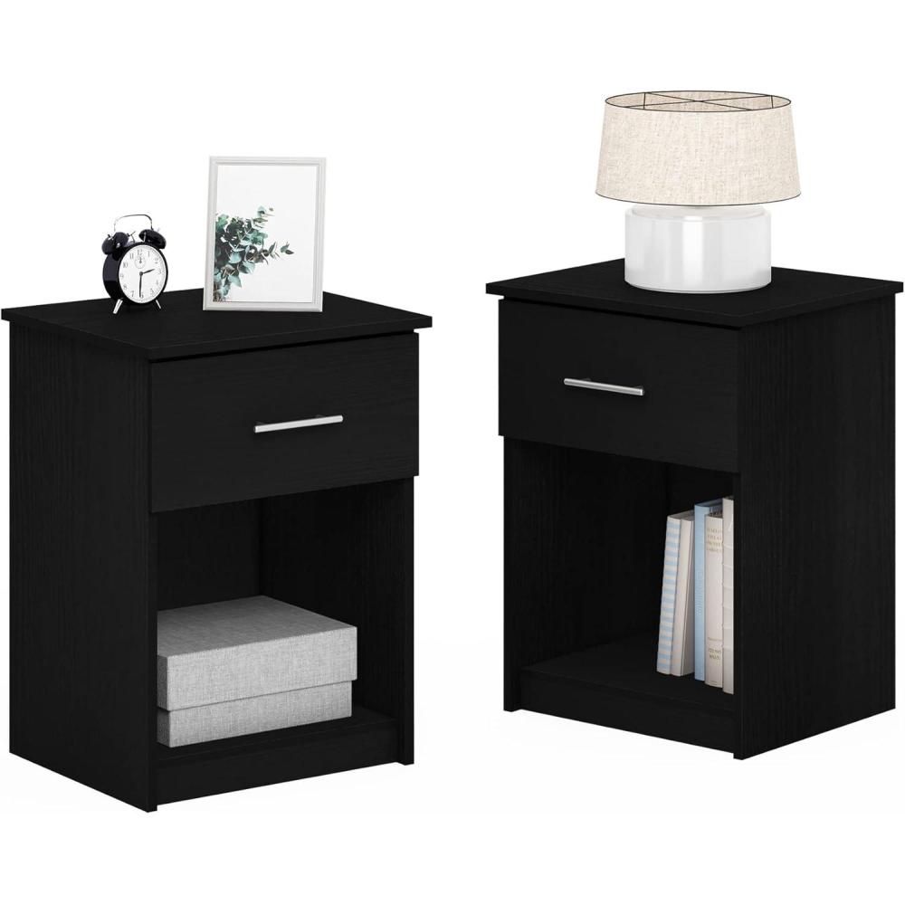 imageFurinno TIDUR Night Stand Set of 2 Modern Nightstand with Drawer and Open Shelf End Table Side Table for Bedroom Living Room Dark Americano