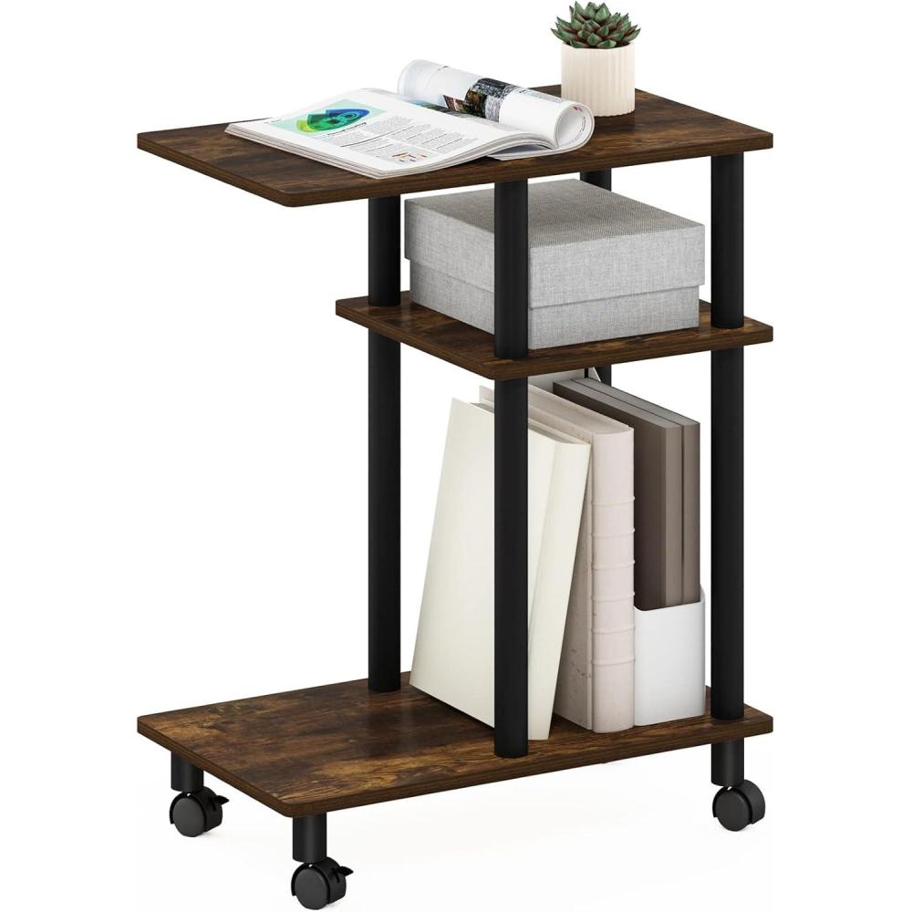 imageFurinno TurnNTube C Shaped Side Table with Casters French Oak GreyBlackAmber PineBlack