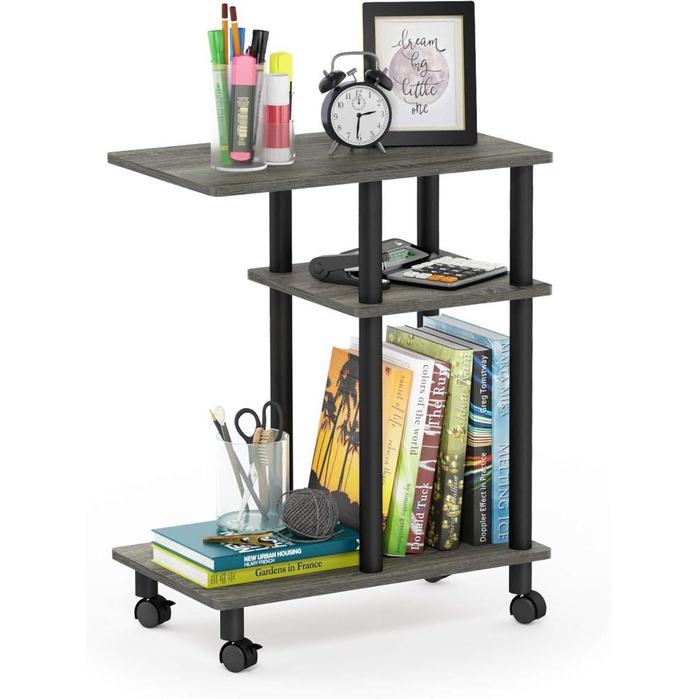 imageFurinno TurnNTube C Shaped Side Table with Casters French Oak GreyBlackFrench Oak GreyBlack