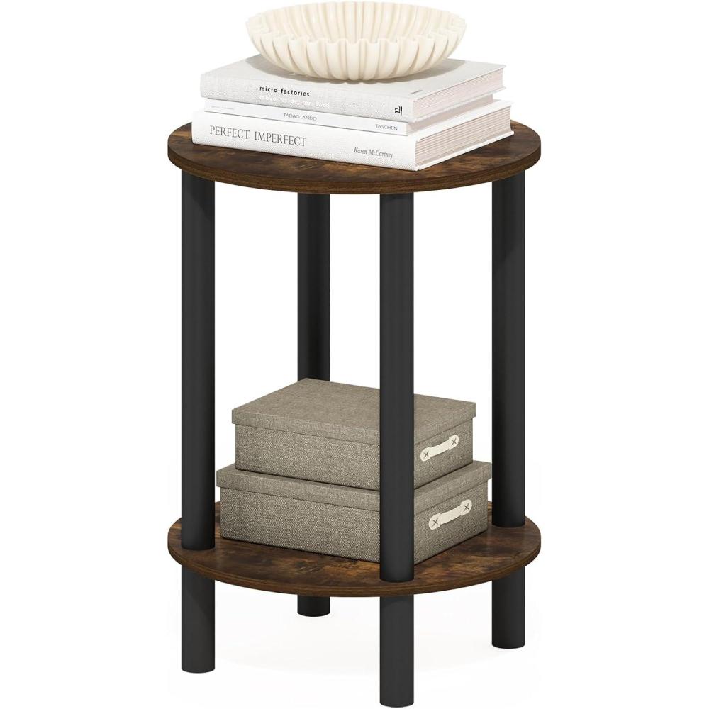 imageFurinno TurnNTube Side Table 2Tier Round End Table with Open Shelf Night Stand Bedside Table Toolless Assembly for Living Room Bedroom Amber PineAmber Pine