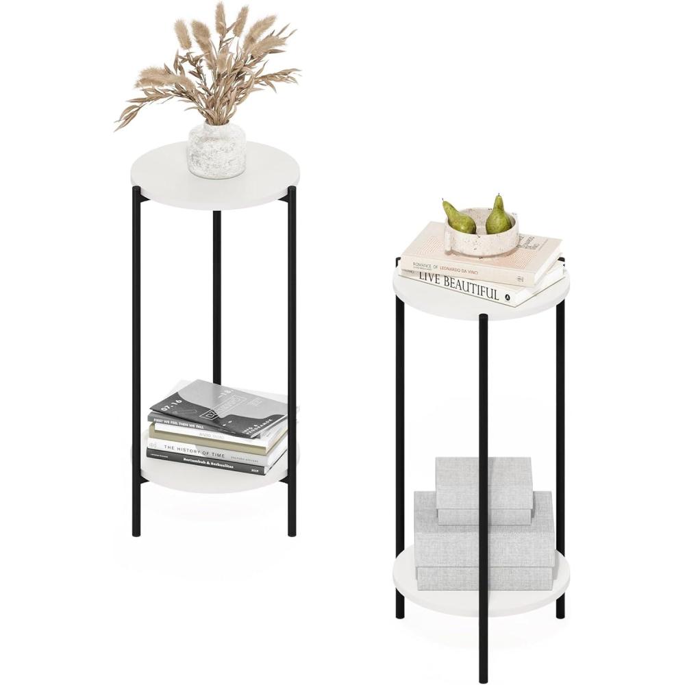 imageFurinno TurnNTube Side Table 2Tier Round End Table with Open Shelf Night Stand Bedside Table Toolless Assembly for Living Room Bedroom Amber PineWhiteBlack