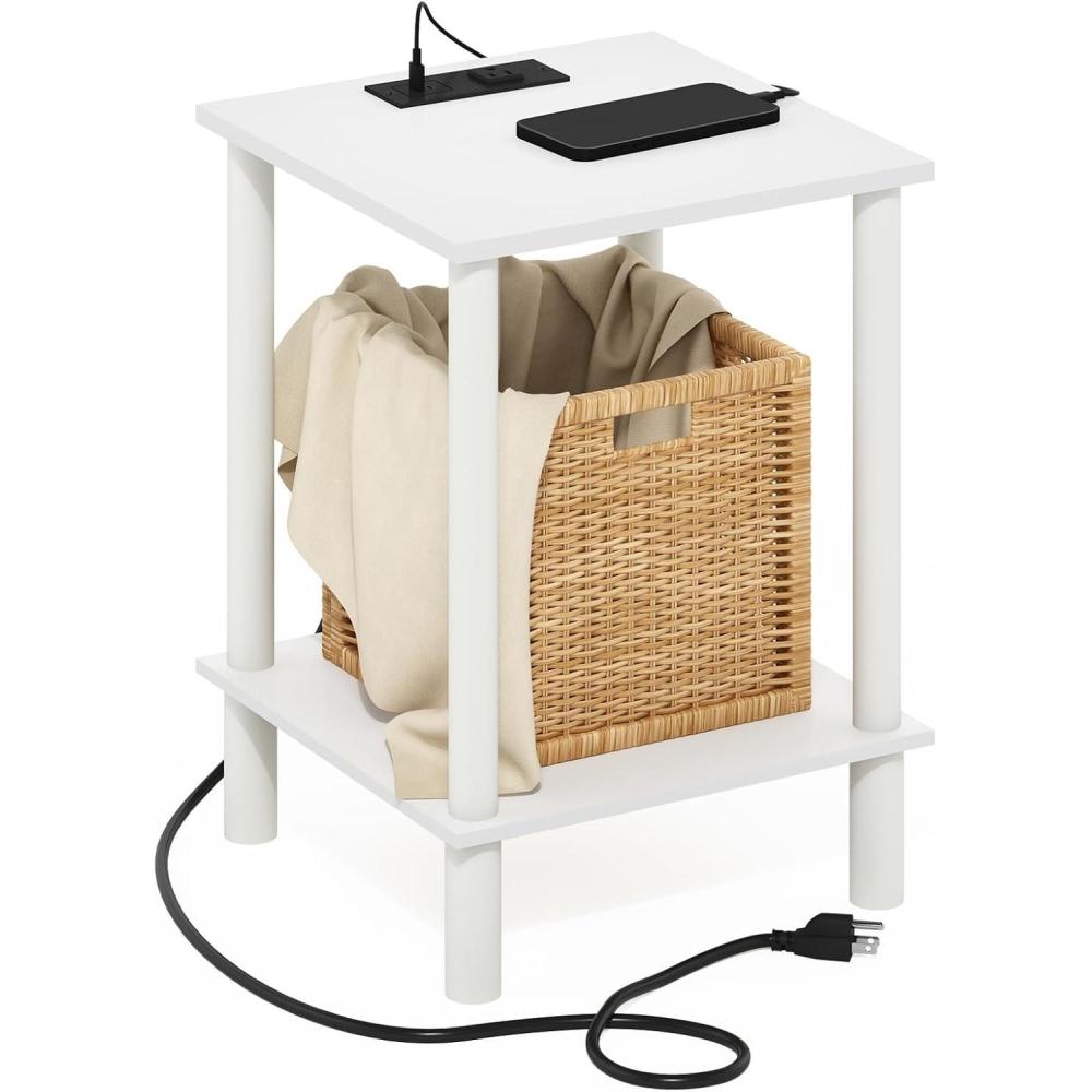 imageFurinno TurnNTube Side Table 2Tier Square End Table with Charging Station Night Stand Bedside Table with USB and TypeC Charging Port for Living Room Bedroom WhiteWhiteWhite