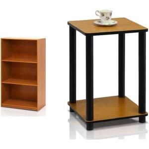 Furinno Basic 3-Tier Bookcase Storage Shelves, Light Cherry & Turn-N-Tube End Table, 1-Pack, Light Cherry/Black