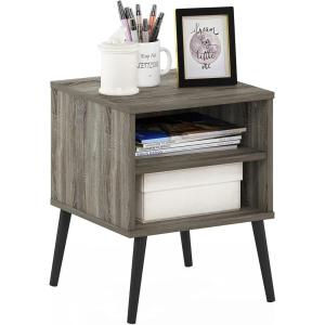Furinno Claude Side Table, 2-Tier Square Mid-Century End Table with Wooden Legs, Open Shelf Night Stand, Bedside Table, for Living Room, Bedroom, Espresso(French Oak Grey)