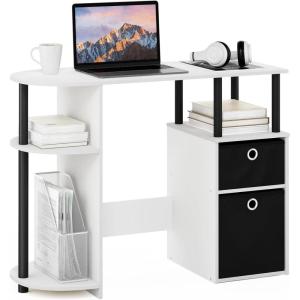 Furinno Jaya Desk, 38.4″ Wide Gaming Desk with Bin Drawers, Computer Desk with Side Shelf, Office Desk for Study, Home Office, Bedroom, Dorm, Study Room, White