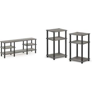 Furinno Turn-N-Tube 3-Tier Multipurpose Wide Shelf TV Stand, French Oak Grey/Black & Just 3-Tier Turn-N-Tube End Table, 2-Pack, French Oak Grey/Black(French Oak Grey/Black)