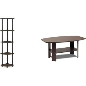 Furinno Turn-N-Tube 5 Tier Corner Display Rack Multipurpose Shelving Unit, 1-Pack, Sonoma Oak/White & Just 3-Tier Turn-N-Tube End Table, 1-Pack, Sonoma Oak/White(Dark Brown Grain/Black)