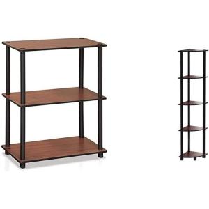 Furinno Turn-N-Tube 5 Tier Corner Display Rack Multipurpose Shelving Unit, 1-Pack, Sonoma Oak/White & Just 3-Tier Turn-N-Tube End Table, 1-Pack, Sonoma Oak/White(Dark Cherry/Black)