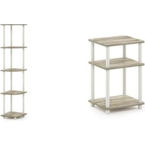 Furinno Turn-N-Tube 5 Tier Corner Display Rack Multipurpose Shelving Unit, 1-Pack, Sonoma Oak/White & Just 3-Tier Turn-N-Tube End Table, 1-Pack, Sonoma Oak/White(Sonoma Oak/White)