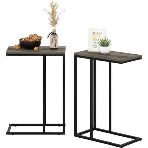 Furinno Turn-N-Tube C Shaped Side Table with Casters, French Oak Grey/Black(French Oak Grey)