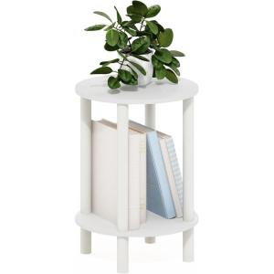 Furinno Turn-N-Tube Side Table, 2-Tier Round End Table with Open Shelf, Night Stand, Bedside Table, Toolless Assembly, for Living Room, Bedroom, Amber Pine(White/White)