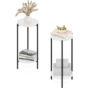 Furinno Turn-N-Tube Side Table, 2-Tier Round End Table with Open Shelf, Night Stand, Bedside Table, Toolless Assembly, for Living Room, Bedroom, Amber Pine(White/Black)