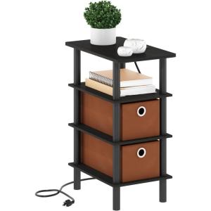 Furinno Turn-N-Tube Side Table, 2-Tier Square End Table with Charging Station, Night Stand, Bedside Table with USB and Type-C Charging Port, for Living Room, Bedroom, White(Espresso/Black)