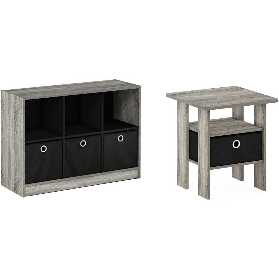 imageFurinno Bookcase and End Table Bundle with Bins and Drawers French Oak GreyBlackFrench Oak GreyBlack