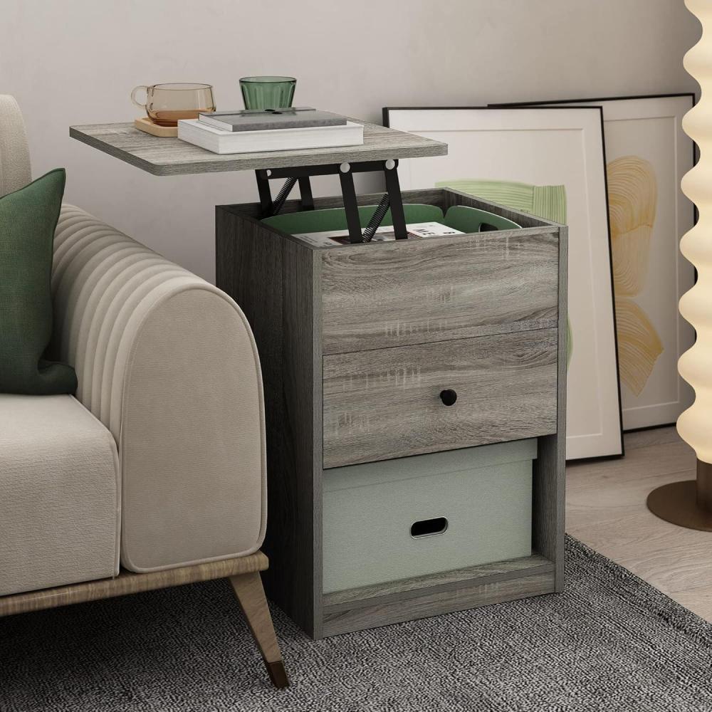 imageFurinno Jensen Night Stand LiftTop Nightstand with Drawer Bedside Table End Table Side Table with Storage Shelf Knob Handle Drawer for Bedroom Living Room Grey OakGrey Oak