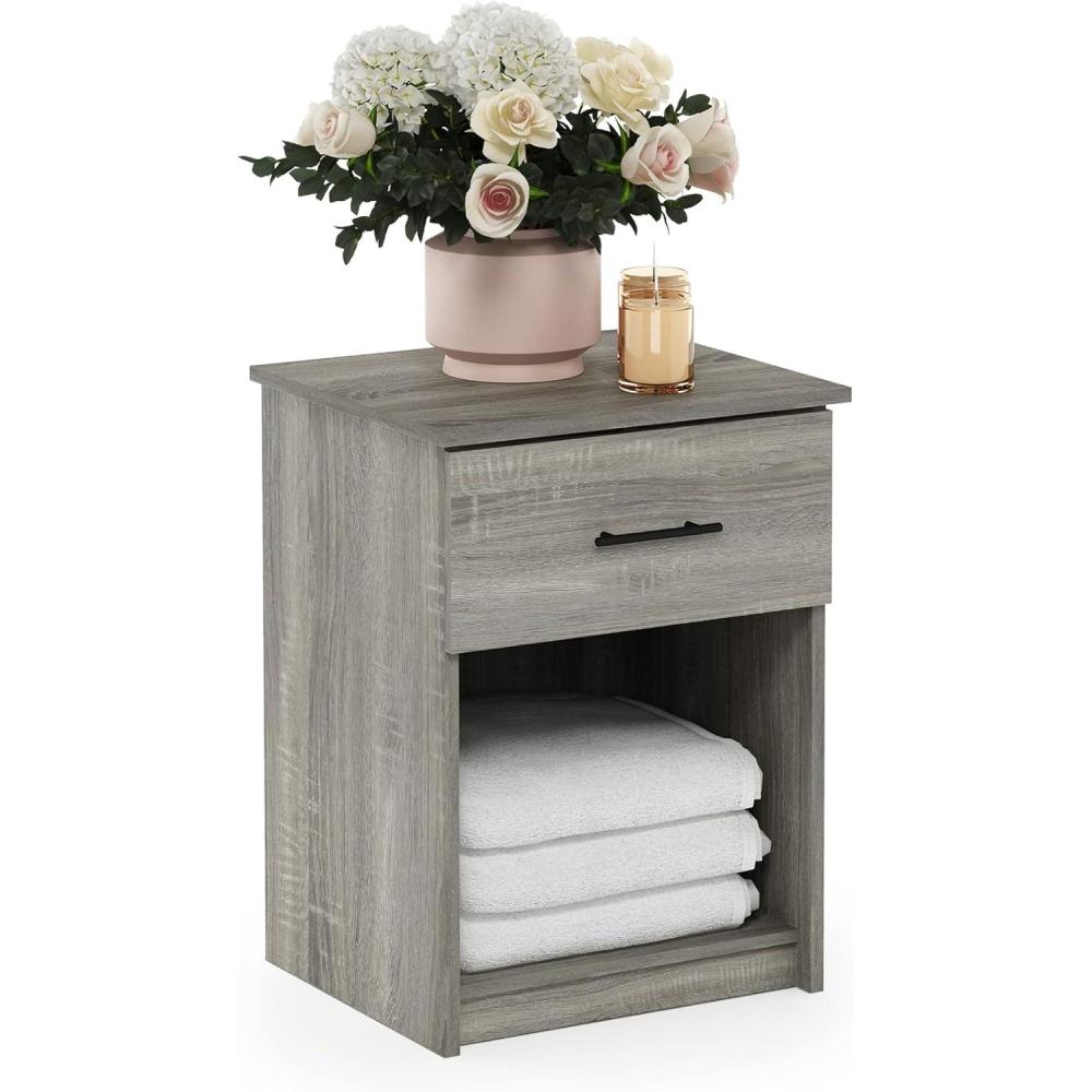 imageFurinno TIDUR Night Stand Nightstand with Drawer Bedside Table End Table Side Table with Storage Shelf Bar Handle Drawer for Bedroom Living Room Grey OakGrey Oak