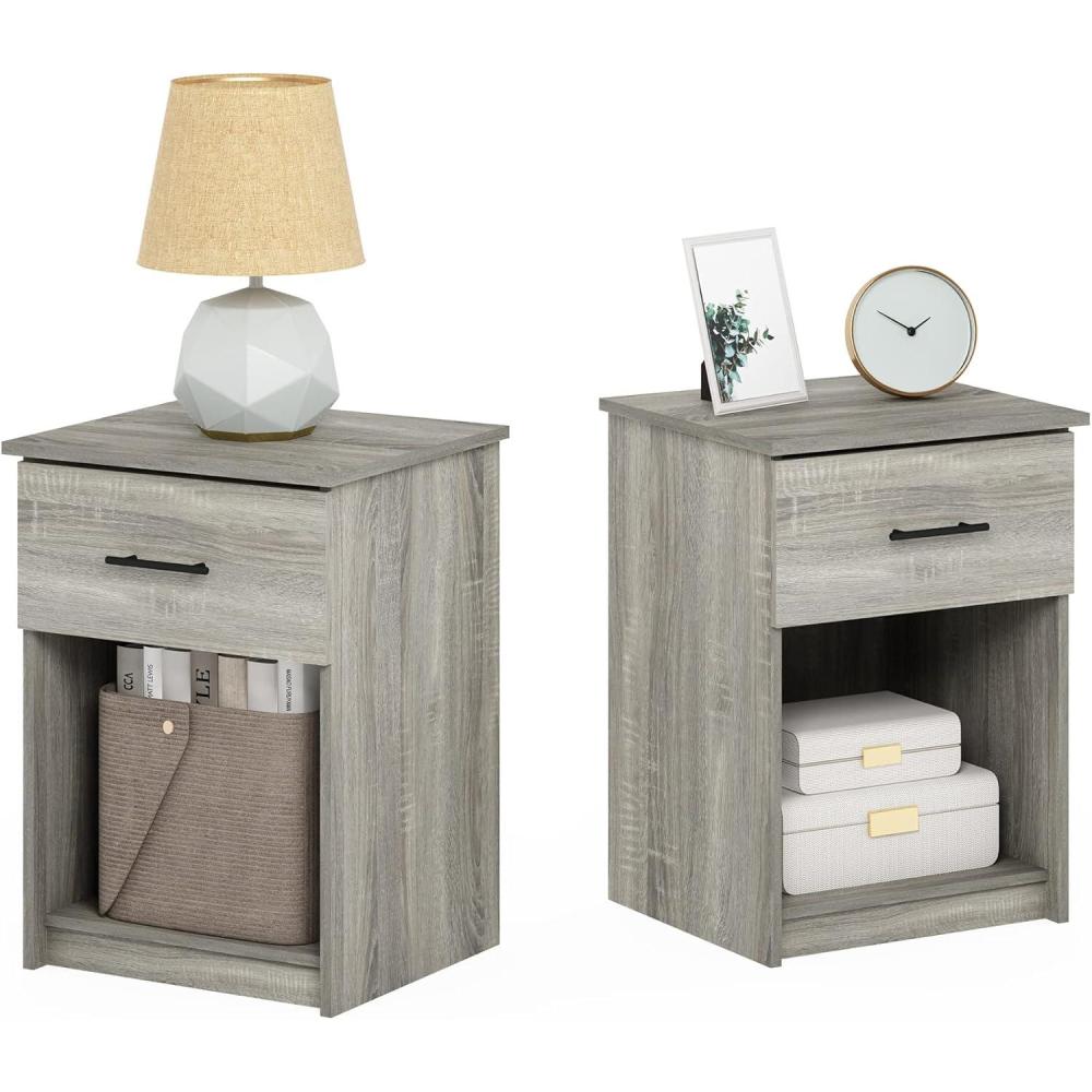 imageFurinno TIDUR Night Stand Set of 2 Modern Nightstand with Drawer Bedside Table with Storage Shelf End Table Side Table Bar Handle Drawer for Bedroom Living Room Grey OakGrey Oak