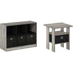 Furinno Bookcase and End Table Bundle with Bins and Drawers (French Oak Grey/Black)(French Oak Grey/Black)