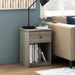 Furinno TIDUR Night Stand, Nightstand with Drawer, Bedside Table, End Table, Side Table with Storage Shelf, Knob Handle Drawer, for Bedroom, Living Room, Plain White(Grey Oak)