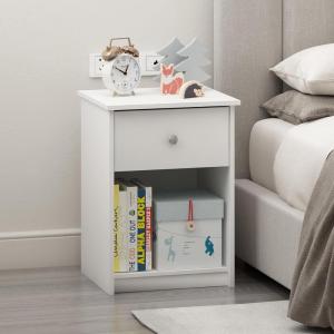 Furinno TIDUR Night Stand, Nightstand with Drawer, Bedside Table, End Table, Side Table with Storage Shelf, Knob Handle Drawer, for Bedroom, Living Room, Plain White(Plain White)