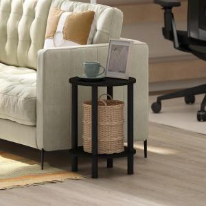 Furinno Turn-N-Tube Side Table, 2-Tier Round End Table, Toolless Assembly Night Stand, Bedside Table with Open Shelf, for Living Room, Bedroom, Amber Oak(Black Espresso/Black)