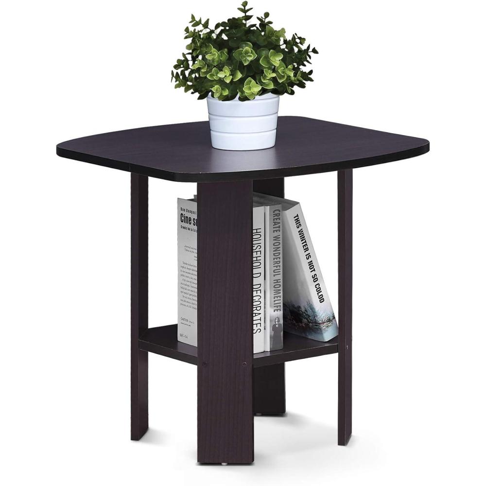 imageFurinno Simple Design End Side Night StandBedside Table with Bin Drawer Amber PineBlack Pack of 3Dark Walnut