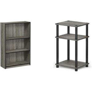 Furinno 3-Tier Bookcase and End Table Bundle, French Oak Grey(Frech Oak Grey)