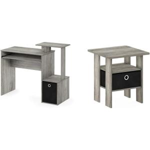 Furinno Econ Multipurpose Home Office Computer Writing Desk, French Oak Grey & Andrey End Table/Side Table/Night Stand/Bedside Table with Bin Drawer, French Oak Grey/Black(French Oak Grey/Black)