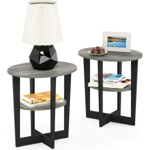 Furinno JAYA Side Table Set of 2, 2-Tier Round End Table with Oval Tabletop, Night Stand, Bedside Table with Open Shelf, for Living Room, Bedroom, French Oak(French Oak/Black)