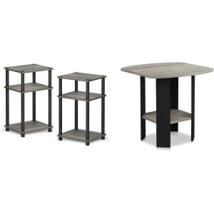 Furinno Just 3-Tier Turn-N-Tube End Table/Side Table/Night Stand/Bedside Table with Plastic Poles, 2-Pack, French Oak Grey/Black & Simple Design End/SideTable, 1-Pack, French Oak Grey/Black