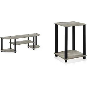 Furinno Turn-S-Tube Wide TV Entertainment Center + End Table Bundle (Oak Grey/Black)