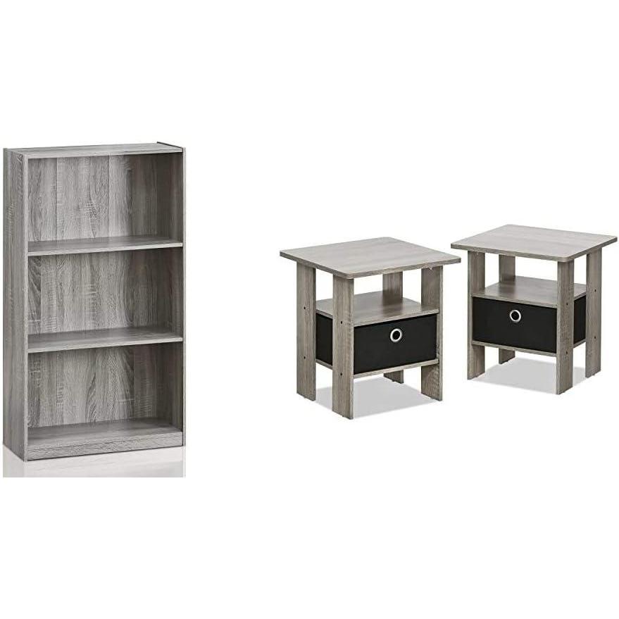 imageFurinno Basic 3Tier Bookcase Storage Shelves French Oak GreyBlack amp Andrey End TableSide TableNight StandBedside Table with Bin Drawer French Oak GreyBlackFrench Oak Grey