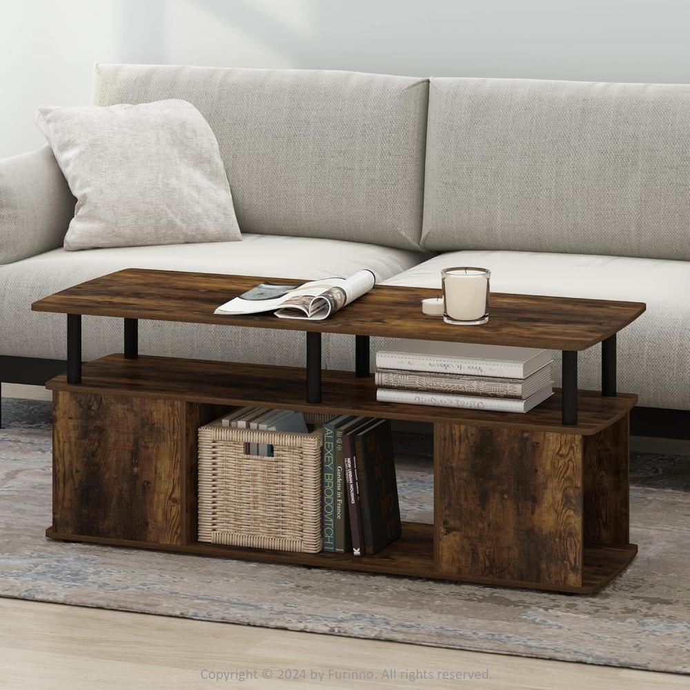 imageFurinno Jaya Coffee Table Rectangle Modern Coffee Table with Open Shelf Side Table with Side Storage for Living Room Bedroom Home Office White OakStainless SteelAmber Pine
