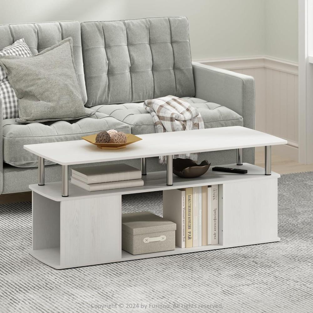 imageFurinno Jaya Coffee Table Rectangle Modern Coffee Table with Open Shelf Side Table with Side Storage for Living Room Bedroom Home Office White OakStainless SteelWhite OakStainless Steel