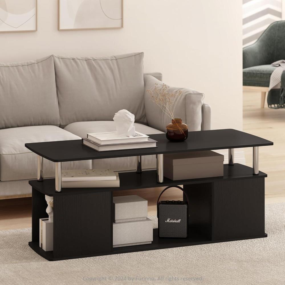 imageFurinno Jaya Coffee Table Rectangle Modern Coffee Table with Open Shelf Side Table with Side Storage for Living Room Bedroom Home Office White OakStainless SteelAmericanoStainless Steel