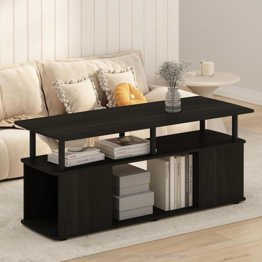 imageFurinno Jaya Coffee Table Rectangle Modern Coffee Table with Open Shelf Side Table with Side Storage for Living Room Bedroom Home Office White OakStainless SteelBlack