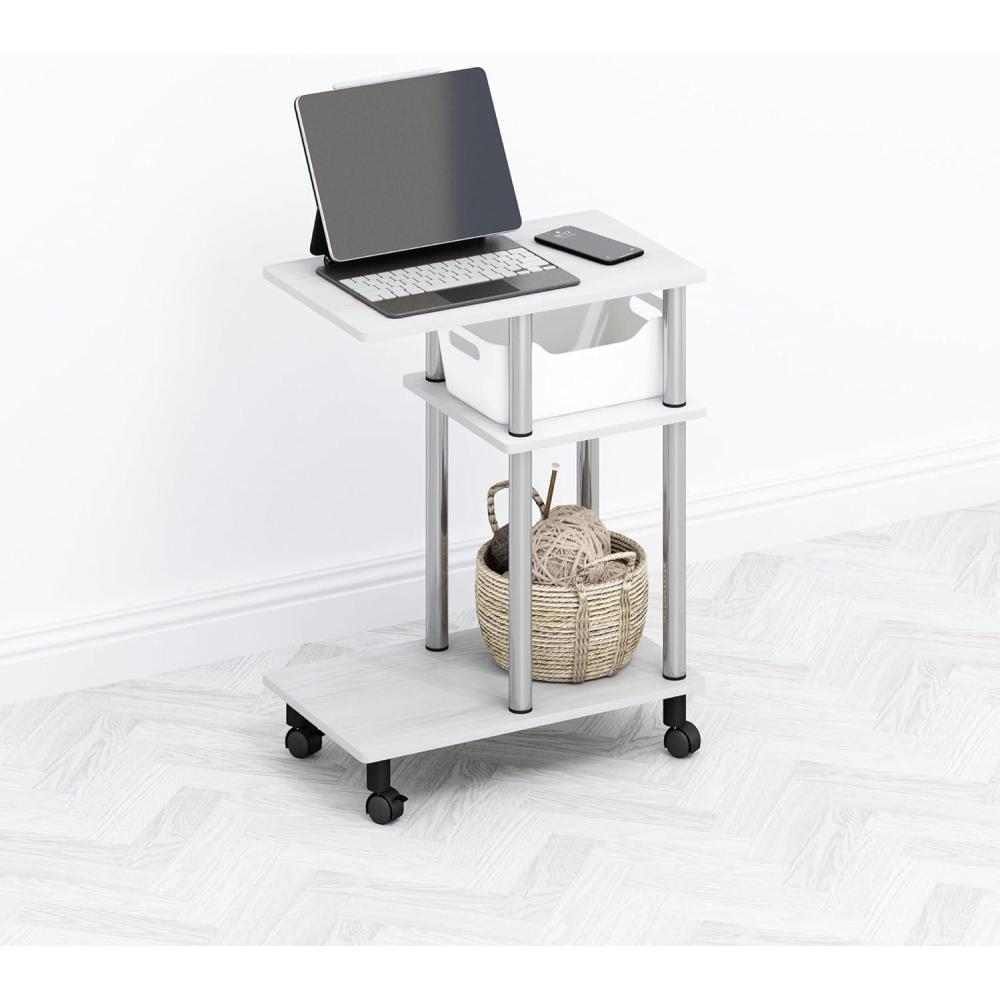 imageFurinno TOMI Side Table 3Tier CShape Open Shelf End Table with Wheels Night Stand Bedside Table Toolless Assembly for Living Room Bedroom White OakStainless SteelWhite OakStainless Steel