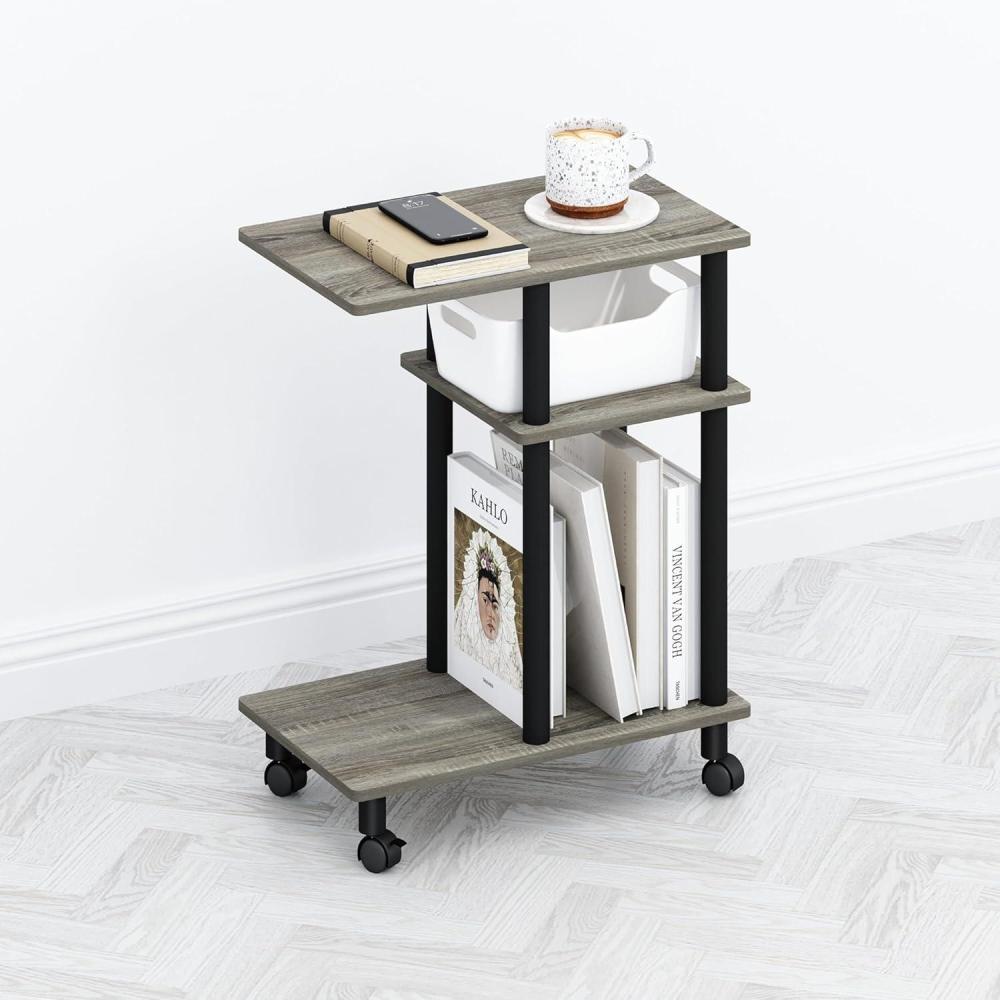 imageFurinno TOMI Side Table 3Tier CShape Open Shelf End Table with Wheels Night Stand Bedside Table Toolless Assembly for Living Room Bedroom White OakStainless SteelFrench OakBlack