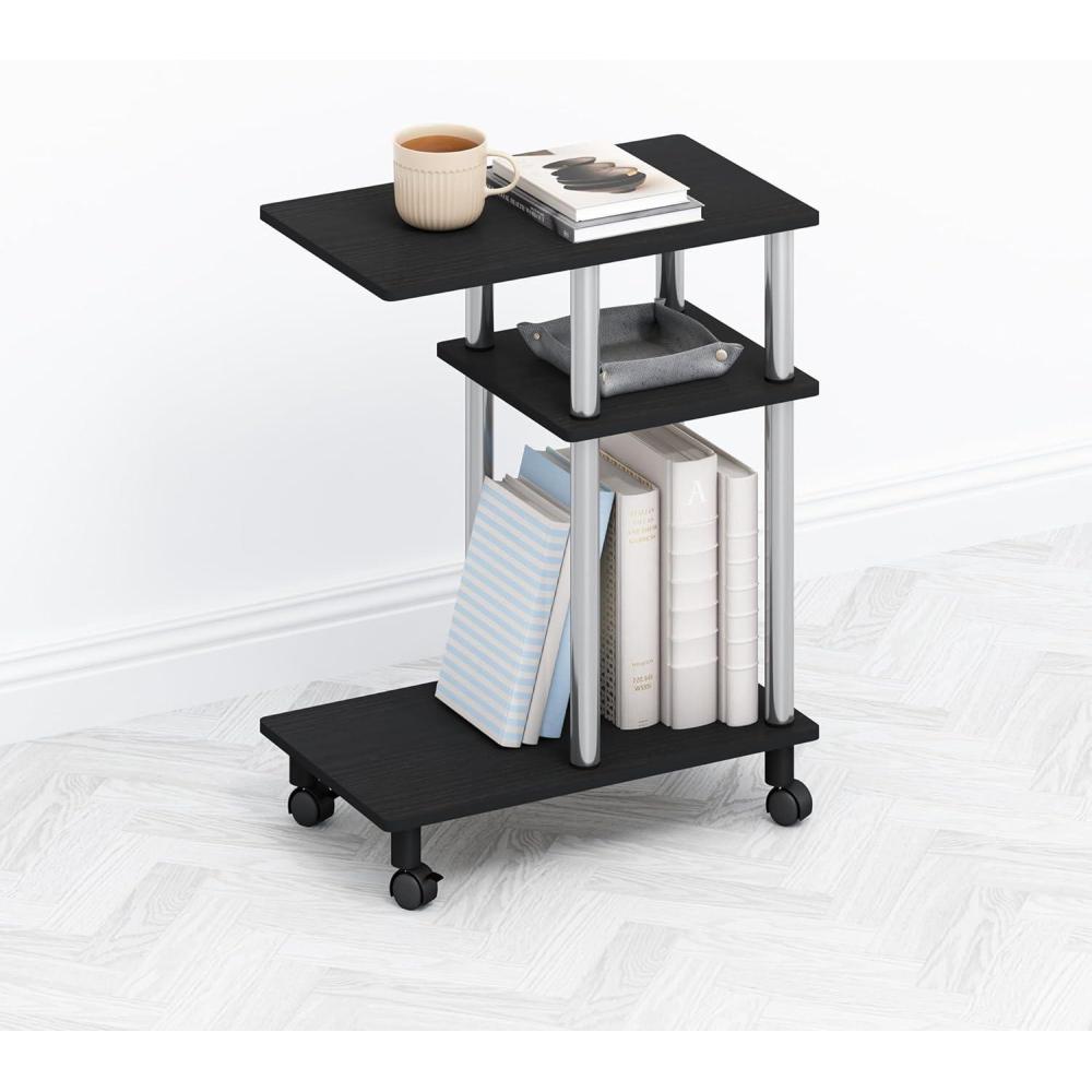 imageFurinno TOMI Side Table 3Tier CShape Open Shelf End Table with Wheels Night Stand Bedside Table Toolless Assembly for Living Room Bedroom White OakStainless SteelAmericanoStainless Steel