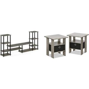 FURINNO Turn-N-Tube Grand Entertainment Center with End Tables, French Oak Grey/Black(French Oak Grey/Black)